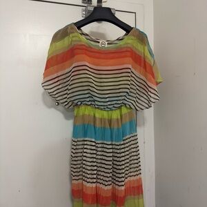 Striped Multicolor Pleated Dress - Bright Rainbow Stripes